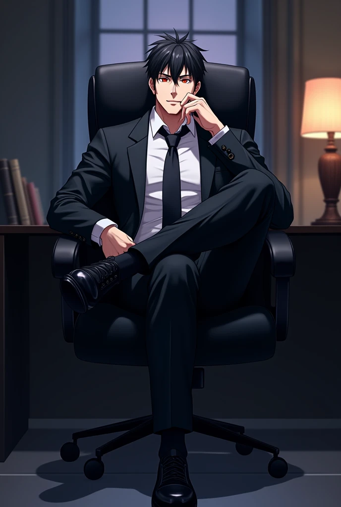 create an anime style image, There is a tall man, Muscular but not too much, White skin, black hair and sapphire red eyes, He is wearing a black suit with a tie, He is sitting on a black chair with wheels, he has his legs crossed, Her head is slightly tilted and is resting on one of her hands., The man wears a small smile of happiness on his face. The background is of an office that is dark. anime style