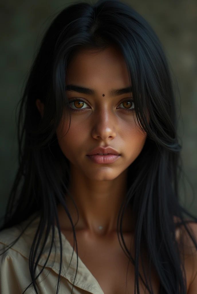 realistic teen girl from india, black straight hair, Dark brown skin with light yellow eyes and a serious expression 
