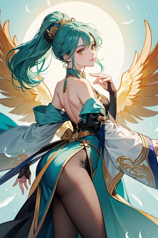Xianyun's silver and mint hair,  dress is black, holding a flowy and tight-fitting style. Her dress has golden engravings and cloud-like shapes while also showing details in different shades of blue. She also wears sheer black tights underneath the dress. Xianyun's heels are black, however they are embellished with golden wings and tips. Her Anemo Vision is set upon her right shoulder on an orange knot.

Some of Xianyun's accessories include red glasses, an orange tassel earring on her right ear, a black and blue feather pinning her hair up in a high ponytail, and sheer black sleeves extending all the way to her fingertips akin to gloves. Her sleeves also include a deep blue layer of fabric over the top along with golden bands. Xianyun also wears a sort of pale, sea-green coat or cape which resembles a texture similar to the feathers of a bird that covers her neck and drapes down her back. A long tassel drops from her throat to her upper abdomen in gold and yellow. SPARKLE; GLITTER