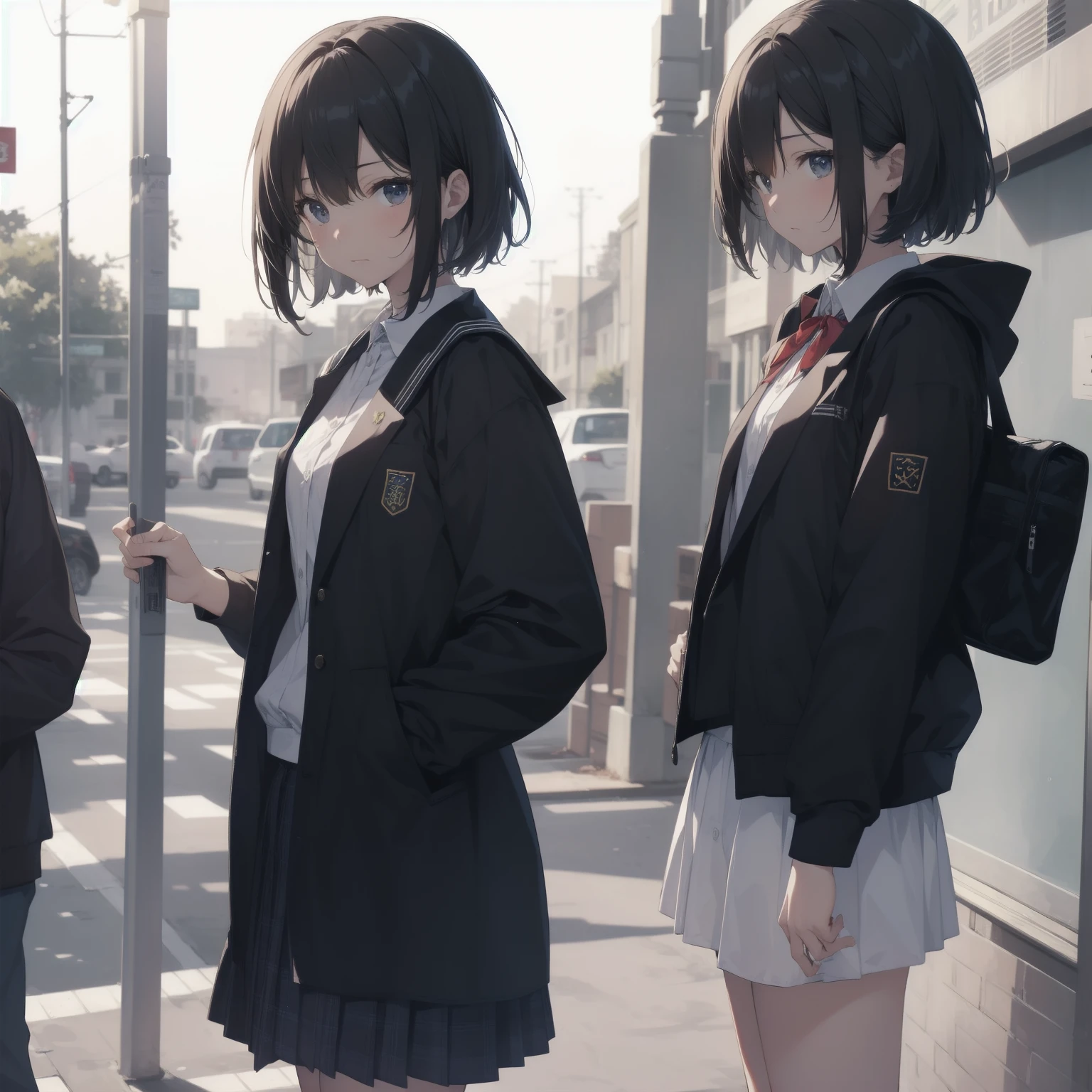ultra-absurdres-Top quality by artist God, ultra-detailed, high resolution, anime moe artstyle, best anime 8k konachan wallpaper, pixiv contest winner, pool:2810, perfect anatomy,break, 1girl, (Please draw a girl walking sleepily to school alone. )break,(Solo,little female,15age:1.3),Full limbs, complete fingers,a junior high school student, (very short hair), short cut, flat chest, , small butt, small black eyes, beautiful detailed eyes, well-proportioned iris and pupils, expressive eyes, highres detailed hair, soft expression, salor school_uniform, sailor collar, serahuku, bow, pleated skirt,(Detailed Lighting), (Detailed background), in the School commute route. break,super detailed skin, Best cinematic lighting powered by famous artist, 8k,beauty illustration,photoshop_(medium),very aesthetic,break,((artist:echo_(circa) )), artist:clamp ,artist:carnelian ,artist:kantoku ,