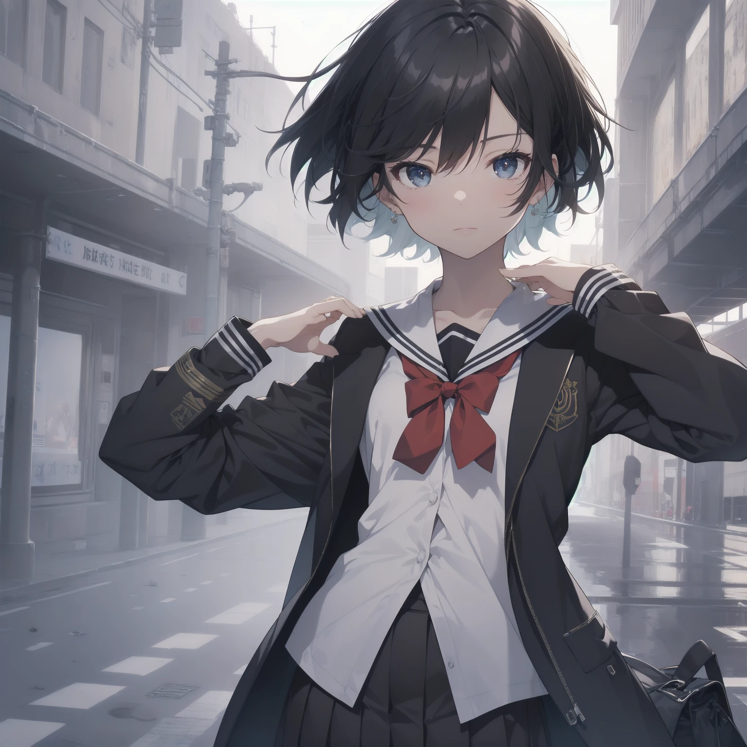 ultra-absurdres-Top quality by artist God, ultra-detailed, high resolution, anime moe artstyle, best anime 8k konachan wallpaper, pixiv contest winner, pool:2810, perfect anatomy,break, 1girl, (Please draw a girl walking sleepily to school alone. )break,(Solo,little female,15age:1.3),Full limbs, complete fingers,a junior high school student, (very short hair), short cut, flat chest, , small butt, small black eyes, beautiful detailed eyes, well-proportioned iris and pupils, expressive eyes, highres detailed hair, soft expression, salor school_uniform, sailor collar, serahuku, bow, pleated skirt,(Detailed Lighting), (Detailed background), in the School commute route. break,super detailed skin, Best cinematic lighting powered by famous artist, 8k,beauty illustration,photoshop_(medium),very aesthetic,break,((artist:echo_(circa) )), artist:clamp ,artist:carnelian ,artist:kantoku ,