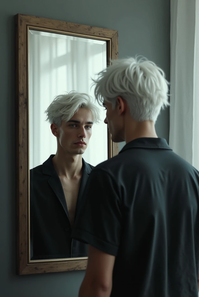 young man looking in the mirror, but in the mirror he appears with white hair