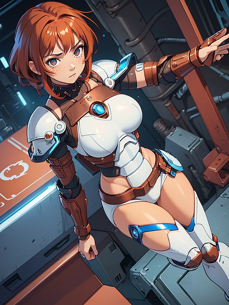 A Female robot exposes her inside mechanical organ. she wears no dress. Her Brown very short pigtails is tied with two big red clothespins, masterpiece, mature, android, blue eyes, full body, Height: 160cm, flushed cheeks, No NSFW, whole body, barefoot, archaic smile, orgasm, sweat bucket.  no panties, full body shot, floating hair, looking away. cyborg made from rung to heaven. She leans arching her back hi-res position. kissing.She closes her eyes and kissing.