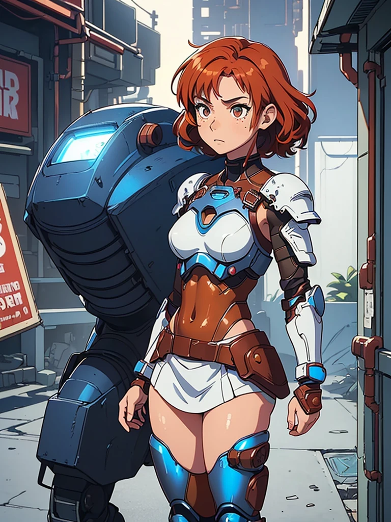 (masterpiece), (best quality), ((one girl)),(( red copper hair)),(brown eyes),short hair, curly hair, anime style, freckles, (small breast), (petite figure), legs,((blue cyberpunk armor)), ((white armor)),(blue full body armor),(almond eyes) ,( tan skin)