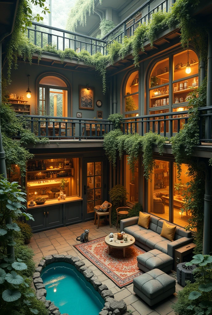 a cozy and aesthetic loft house but the interior is biopunk with lots of vines and lush
this also consists of a loft bedroom, a mini kitchen and bar, and an sunken living room
add moss and fungi everywhere
add a beautiful pond oustside of the window near the balcony
make the owner a cat lover
add more clutter, spread it everywhere in the house
the theme are combination of biopunk, cyberpunk, industrial, and steampunk