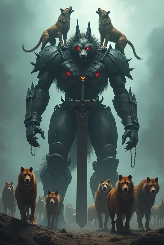A horror wolfrobot holding a big sword and stand behind the wolf army he have tow lions on each shoulder