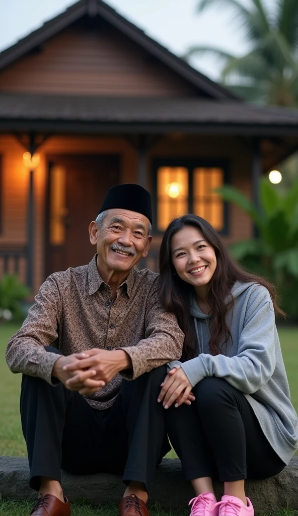 A 60 year old Indonesian man, thin mustache without beard, wear a black Muslim cap, pakai baju batik dan long pants, wearing leather shoes, sit down, smile facing the camera, Beside him there is a beautiful Indonesian woman, his body is quite fat, fair skin, big nose, long wavy hair, wearing a gray hoodie, long pants, wearing pink sneakers, sit down tanganya pegang hp, happy face facing the camera, in front of the country house, evening atmosphere, minimal defects, very detail, realistic, 8K picture