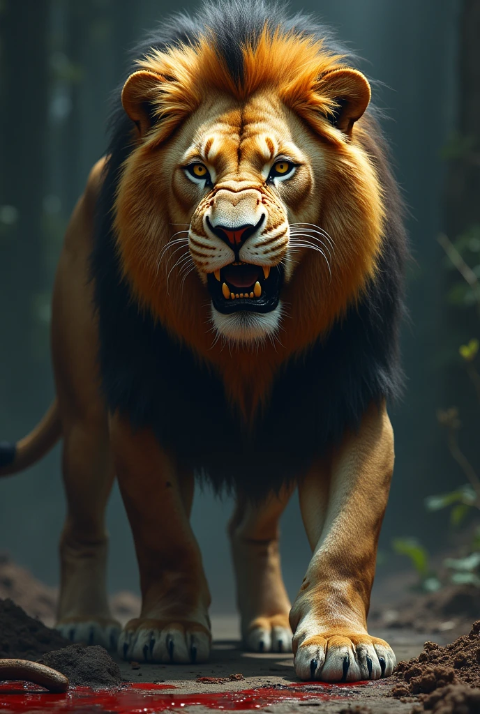 Very scary lion with blood scars