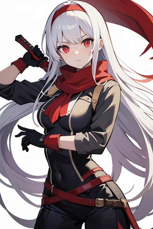 long hair, breasts, looking at viewer, bangs, simple background, red eyes, gloves, white background, holding, weapon, white hair, hairband, sword, holding weapon, arm up, holding sword, dual wielding, red scarf