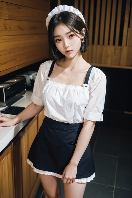 (2 pure Japanese girl,), (Small breasts:1.5,),(solo,,Textured skin, Detailed skin,Detailed face,Detailed eyes,detailed posing,Natural eyebrows,Sparkling Eyes,High detail, Highest quality, Super detailed, Surrealism, ,8k,RAW Photos,Photographicism,Professional Lighting,Ray Tracing,Portrait Photography,Soft Light),((Black Hair, Natural Makeup,Simple earrings, Bob Hair)),(((Coffee shop,Red apron,Maid Head Accessories, White blouse,Navy Skirt,Composition above the knee,Standing pose)))