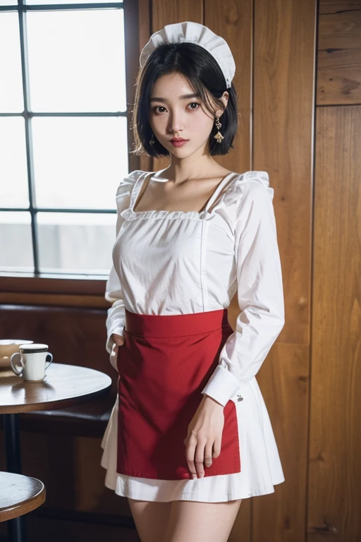 (2 pure Japanese girl,), (Small breasts:1.5,),(solo,,Textured skin, Detailed skin,Detailed face,Detailed eyes,detailed posing,Natural eyebrows,Sparkling Eyes,High detail, Highest quality, Super detailed, Surrealism, ,8k,RAW Photos,Photographicism,Professional Lighting,Ray Tracing,Portrait Photography,Soft Light),((Black Hair, Natural Makeup,Simple earrings, Bob Hair)),(((Coffee shop,Red apron,Maid Head Accessories, White blouse,Navy Skirt,Composition above the knee,Standing pose)))