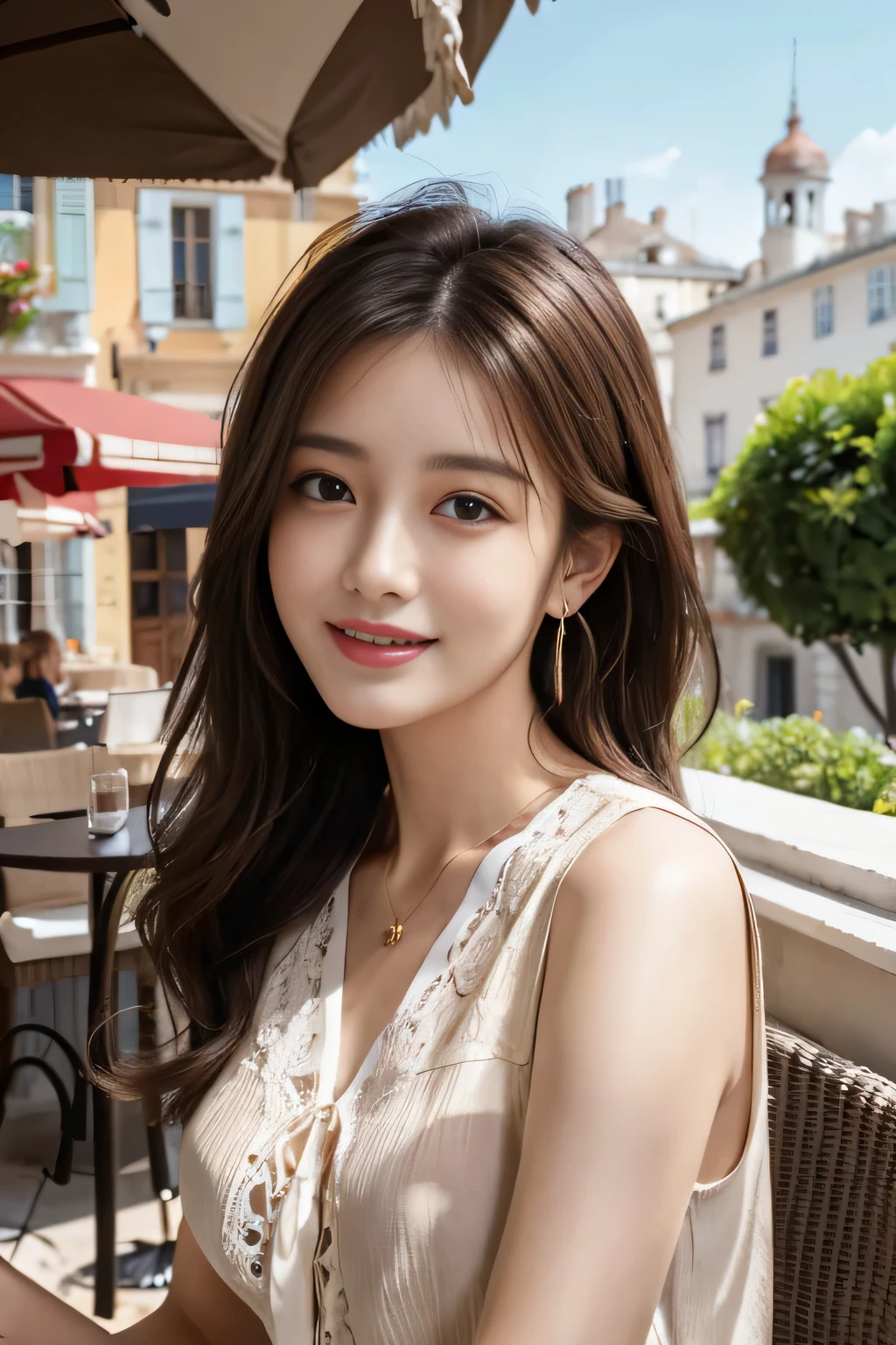masterpiece, Highest quality, Realistic, Very detailed, Finer details, High resolution, 8k wallpaper, One beautiful woman,Wear a nice blouse, On the terrace of a lovely cafe, at noon, Light brown messy hair, Perfect dynamic composition, Beautiful and beautiful eyes、Big earrings、Sleeveless shirt、Laughter、