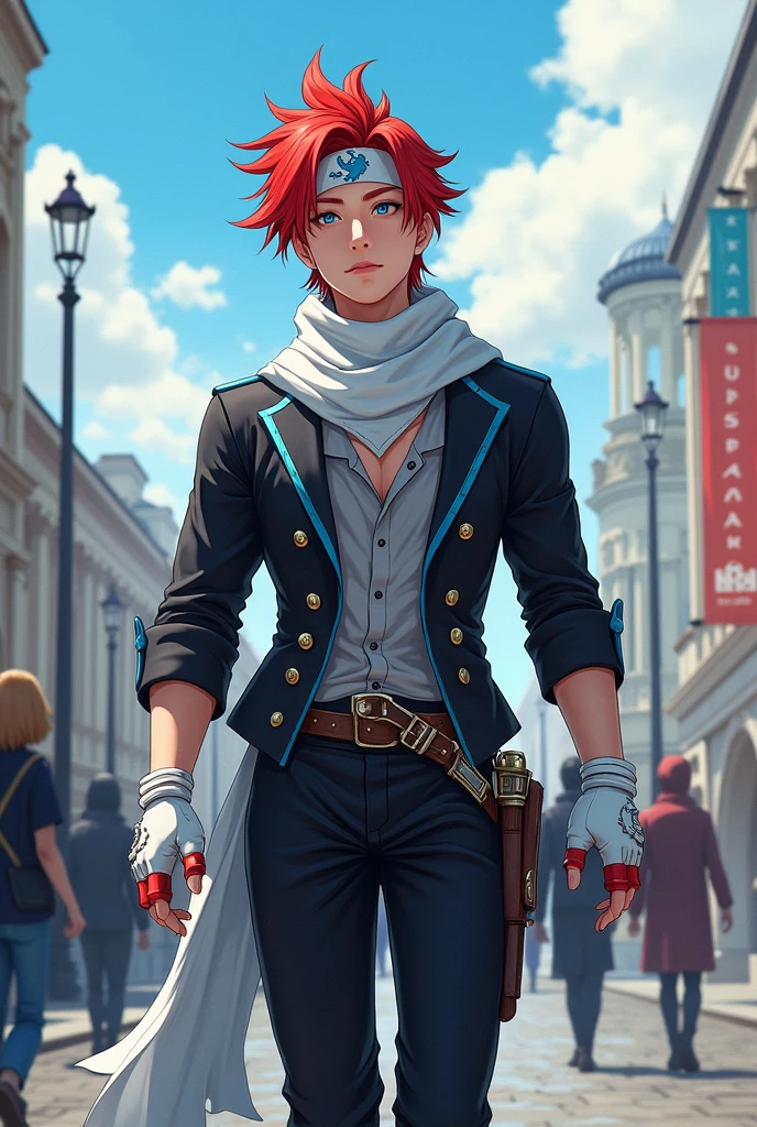 only 1 realistic man, very handsome man, red hair with a hairstyle similar to that of the character Sasuke, but wearing a white bandana, with the symbol of a blue phoenix, very blue eyes, like heaven, muito claro, Asian, wears a beautiful short black jacket with cyan blue details, gray blouse, with a long white scarf tied around his neck, that crawls to the ground, black pants and white military boots, with red details, além de luvas brancas with red details sem dedos de material como couro, and a steampunk style belt. Make him look at the sky and walk the streets of St. Petersburg