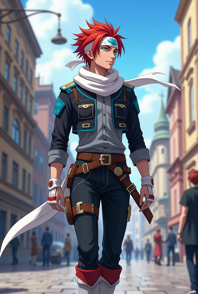 only 1 realistic man, very handsome man, red hair with a hairstyle similar to that of the character Sasuke, but wearing a white bandana, with the symbol of a blue phoenix, very blue eyes, like heaven, muito claro, Asian, wears a beautiful short black jacket with cyan blue details, gray blouse, with a long white scarf tied around his neck, that crawls to the ground, black pants and white military boots, with red details, além de luvas brancas with red details sem dedos de material como couro, and a steampunk style belt. Make him look at the sky and walk the streets of St. Petersburg