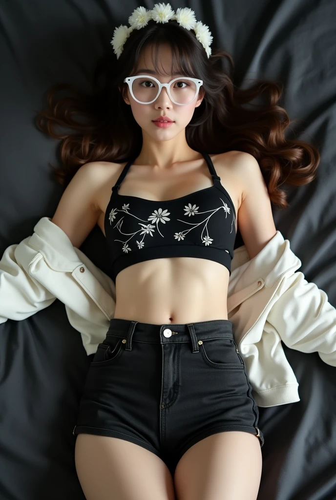 Real photo of a beautiful white-skinned Japanese belly dancer girl lying on a black bed , Her entire body faces the camera, kedua lengannya lurus keatas dan kedua kakinya lurus ke bawAh,mengenakan bra olAhraga pendek Adidas berwarna hitam bermotif bunga putih dan celana jeans pendek sampai pAha berwarna hitam, wearing a white jacket, pAha mulus, small navel, wearing white glasses, wearing a white belt on his pants , wearing a white flower headband, his gaze looks into the camera, area sekitar bawAh pusar yang luas, ekspresi wajAh seksual, dengan mengangkat kedua alis dan pipi memerAh dan mulut mengatakan "Ah", furrowing her brow