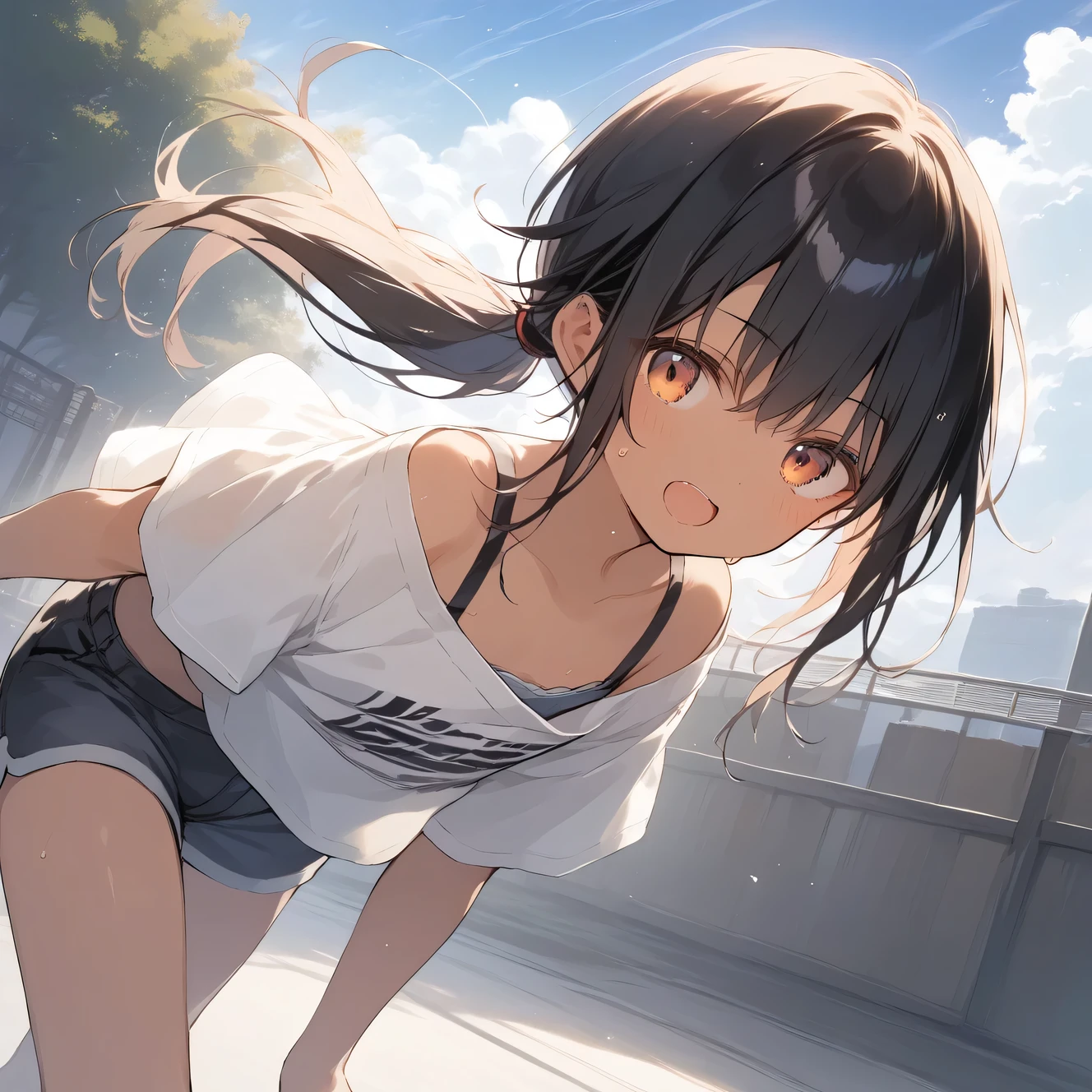 score_9, score_8_up, score_7_up, source_anime, best quality, masterpiece, official art, absurdres, highres, ultra-detailed,waifu2x,Collection: Slice of Life,break,1girl, tomboy, dark-skinned female, short hair, low ponytail, flat chest, beautiful detailed eyes, shorts, sweat, open mouth, (yawn:0.3), sleepily, outdoors, wind, (Detailed Lighting), (Detailed background),break,(clear line illustration:1.2), super detailed skin,very high resolution, very aesthetic, Best sexual lighting powered by famous artist, 8k, 16k, cute picture,beauty illustration,photoshop_(medium),,(Detailed Lighting),best anime 8k konachan wallpaper, pixiv contest winner,