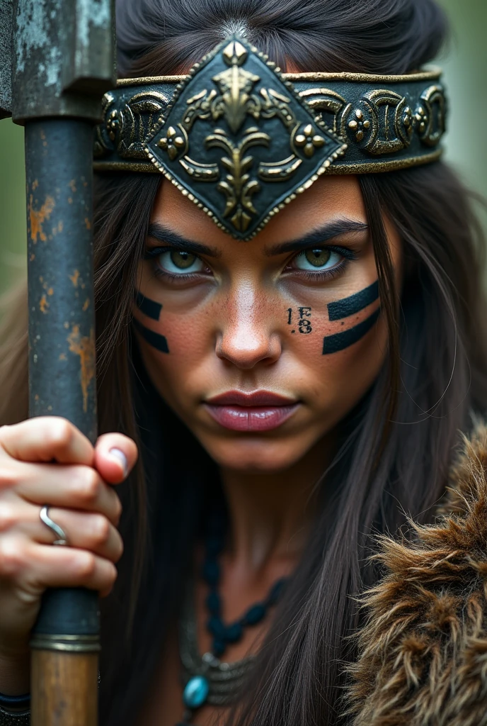 Close up viking warrior with axe in hand, Woman, axe next to the face, large head ornament , necklace on the neck, painted face, make-up