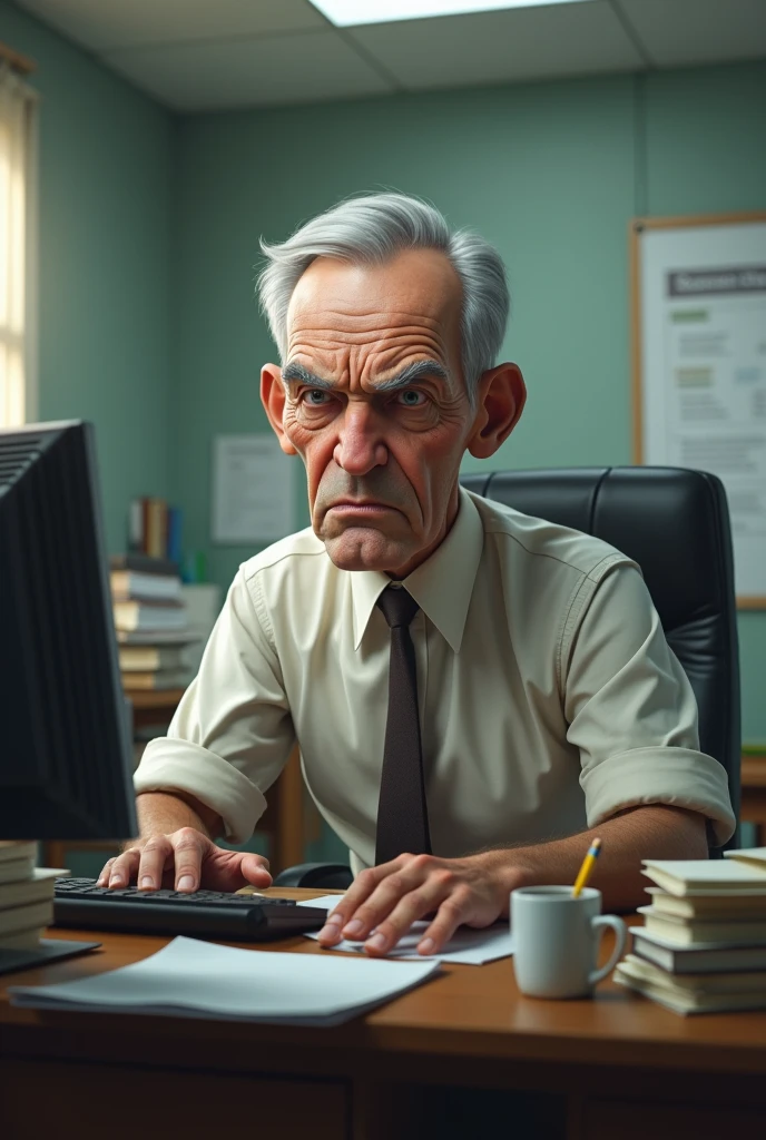 Angry teacher working on his computer