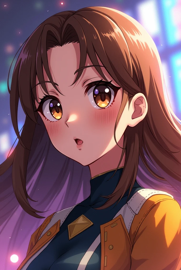 Boku no Hero Academia, hot colorimetry girl; Brown hair, laughed below the shoulders, Pale skin with light freckles, Brown eyes, long eyelashes