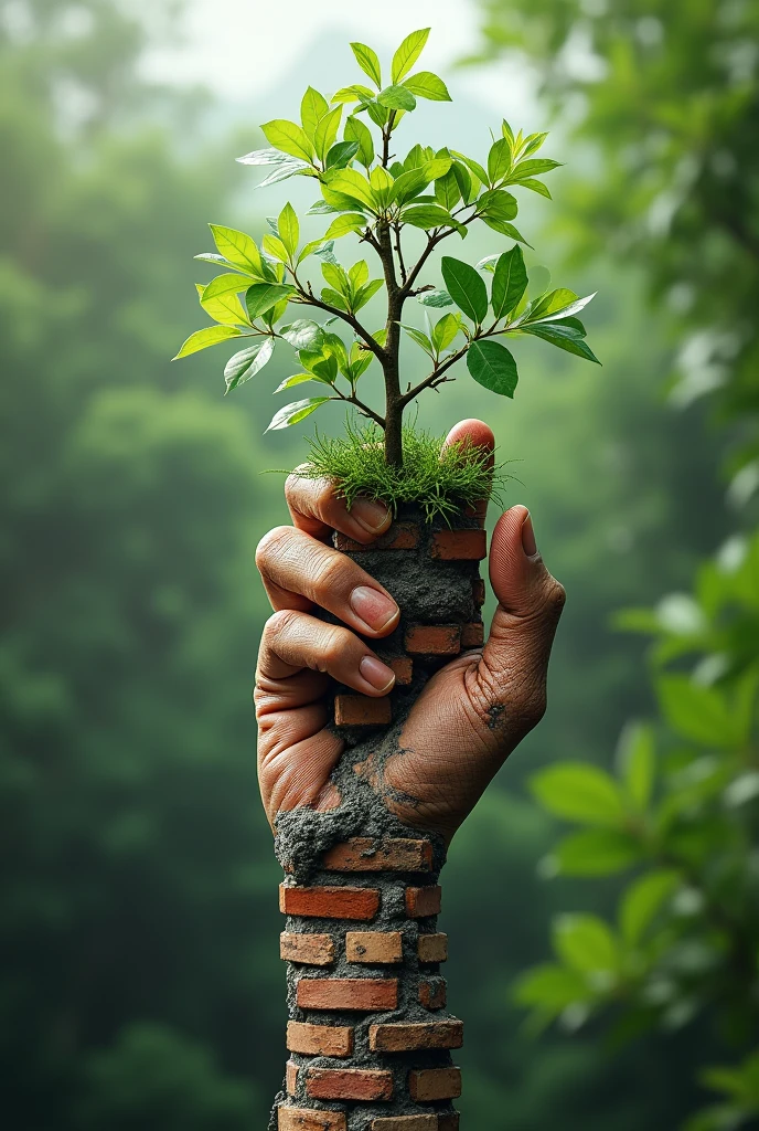 I want a hand with several green leaves and branches representing the environment holding hand with another hand made of bricks and concrete representing civil construction.