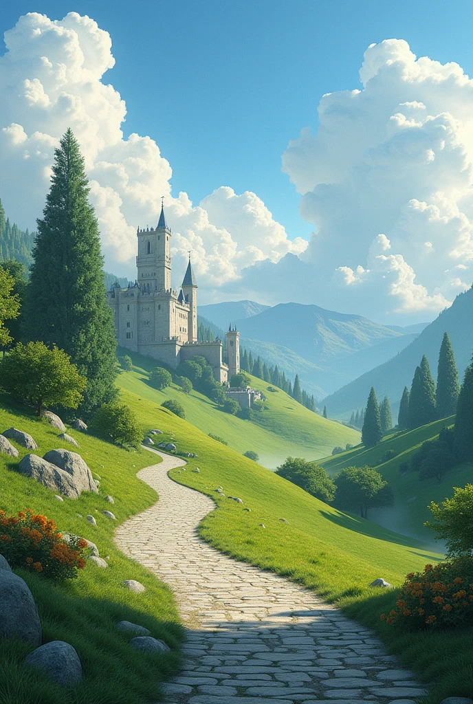 A road with stones,A castle, trees and grass and sky with clouds
