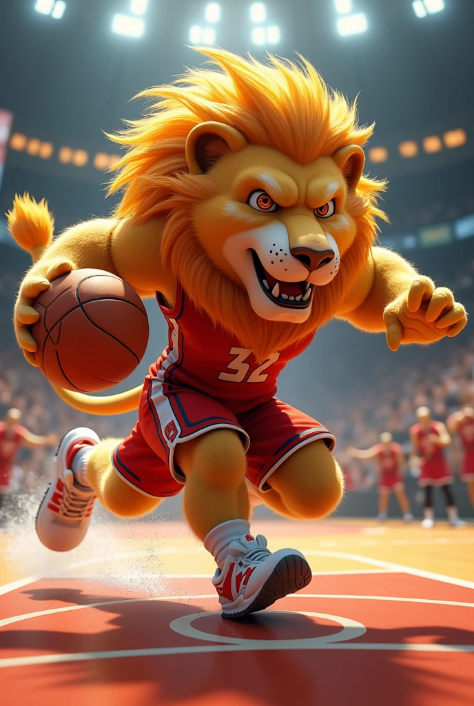 Image of a lion mascot playing basketball