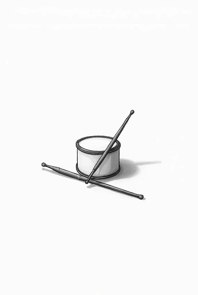 A minimalist drawing on a white background of a drum instrument with drumsticks