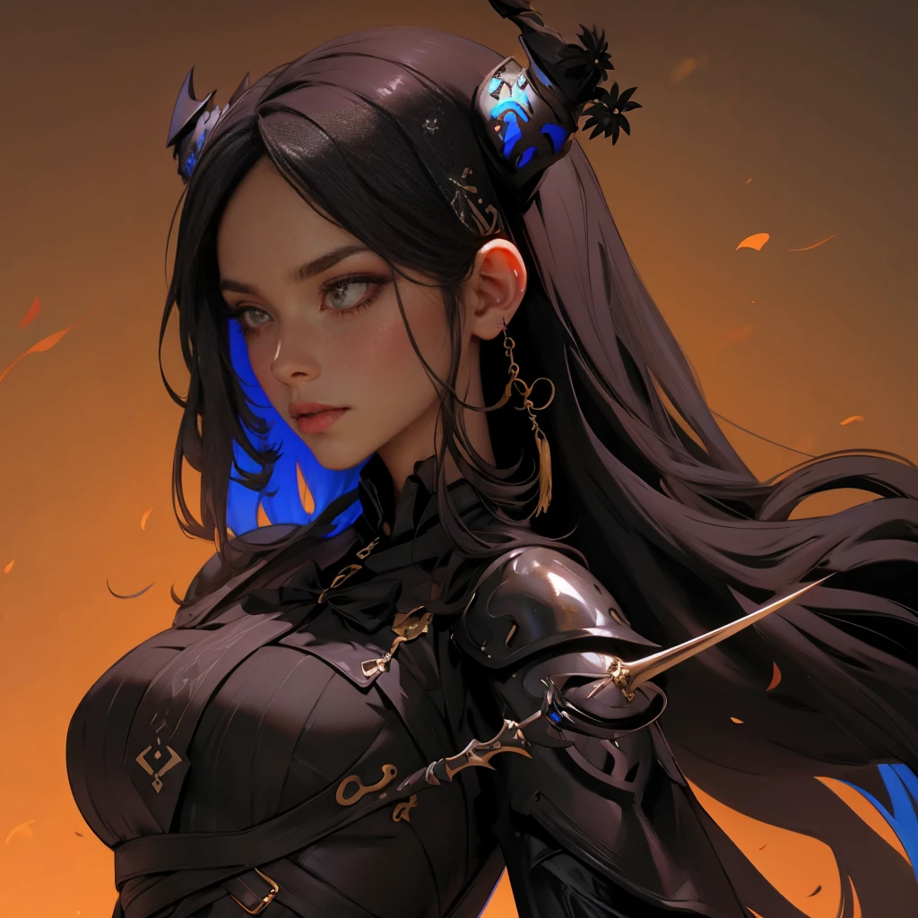 envision a 8k, highres, cinematic, close up beautiful portrait of a Tall woman named Nerissa Novella with long black hair, devil horns, Amber eyes, wearing a black sleek dress with magic attachments and armor plates wielding a tuning fork spear against a dark background