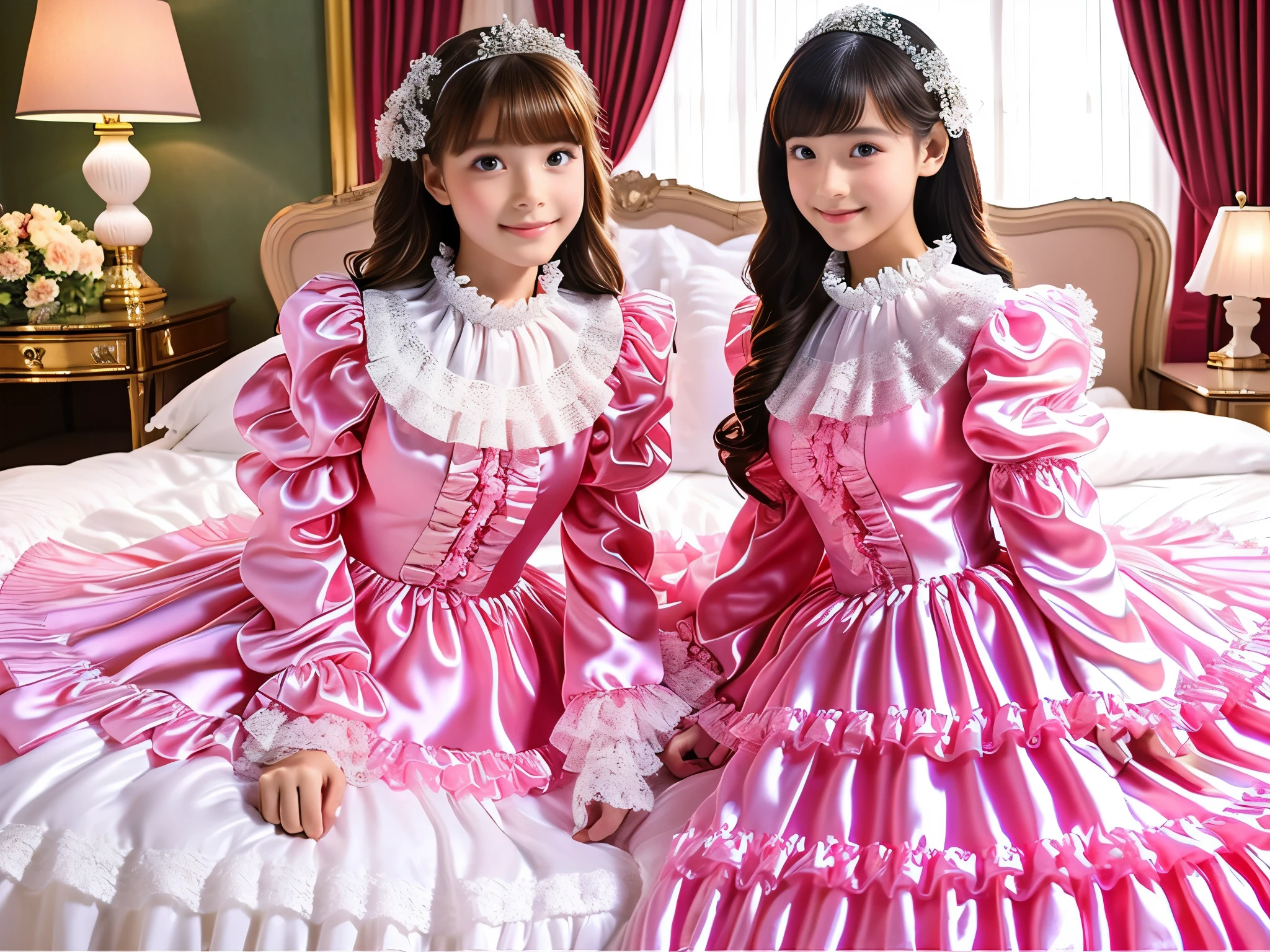 ,highest quality, masterpiece, highest resolution, artwork, super それにget used to it, many get used to it, get used to it, それにget used to it, 3k realistic pictures,,((early teenage little girls)),Ultra-detailed juvenile face,three are princesses,full length ball gown dress with hoop skirt,ruffled yoke collar,puff sleeves,long sleeve,((Lolita style hot pink detailed princess satin dress with lots of ruffles and ribbons)),Rococo style lolita fashion,shiny satin dress,Soft and smooth fabric,luxury,long blonde hair,blue eyes,white skin european,Pajama,((in the bedroom)),luxury princess canopy frilled bed,super detailed bed,they are lying on the bed,High-quality background,