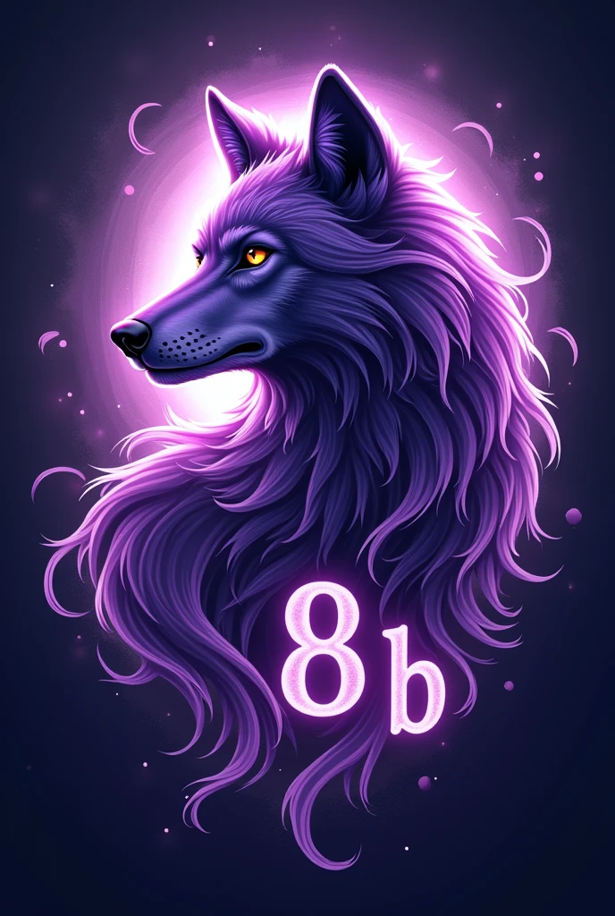 Create a purple wolf logo for me, with wind and the name "8 b"