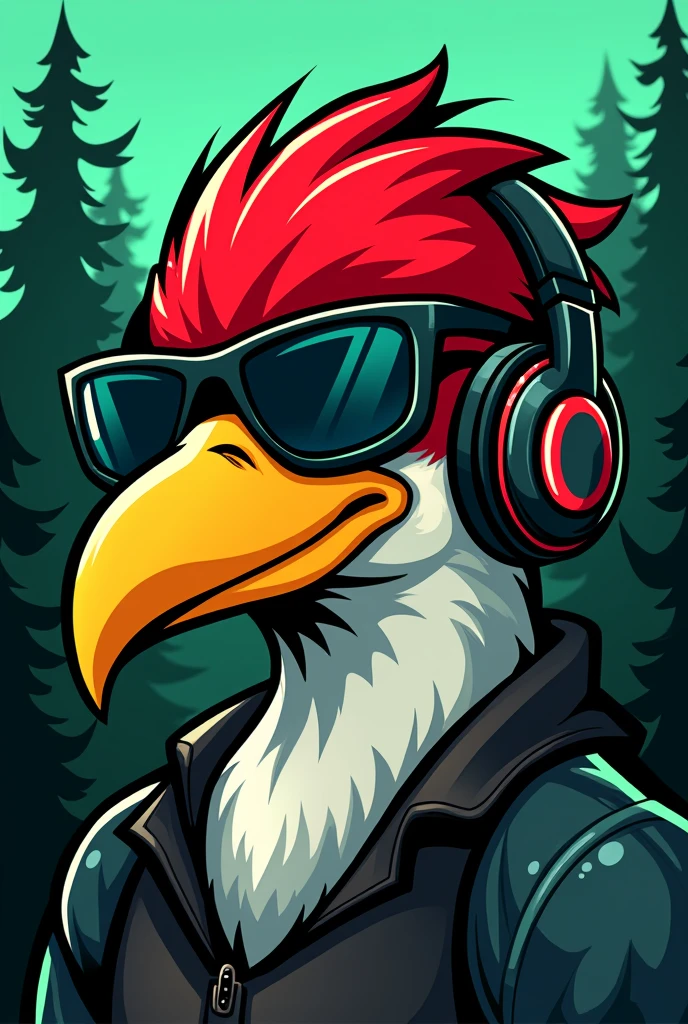 A cartoon illustration of a woodpecker's face, with an aggressive visual, wearing aviator sunglasses, without showing their eyes, e headphones, to be used as a vest patch for a forestry engineering athletic team. The feathers on the woodpecker's head should be red and black., and the long yellow beak. Place trees in the background and create an illustration with a neon balance of green and red colors.