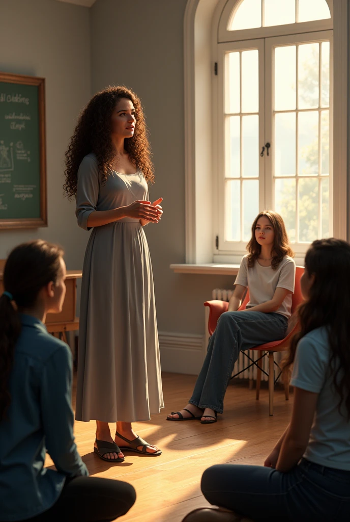 There were some young students sitting on the floor of a room, standing, facing them, they heard a brunette woman,  already mature, with long curly hair, speak with authority and delicacy, this woman who stared at the young people while she spoke, wore a long dress, Near one of the windows,  on the right side of the woman there was a man, leaning against one of the windows, a young woman was sitting on the floor, had his back to the woman. 