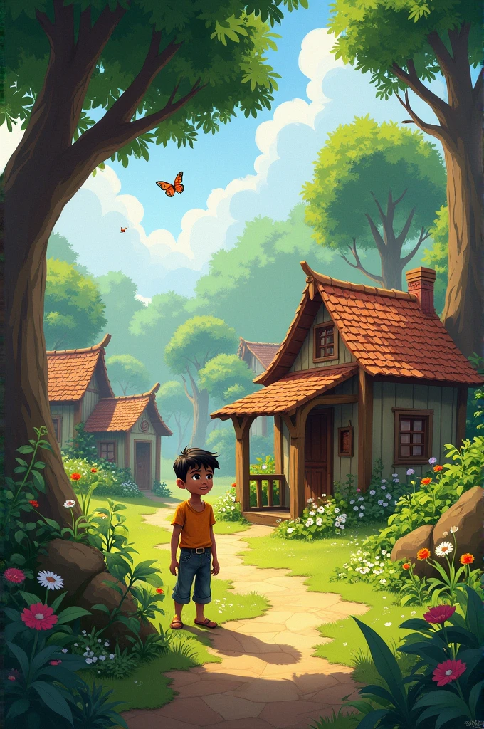 Show a small, picturesque village with lush greenery. Introduce Ravi, a young boy with a curious and determined look, standing by a small house.