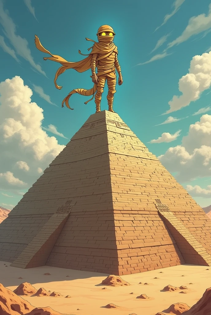 an art of a fakemon mummy anime version, on top of the pyramid in the desert.