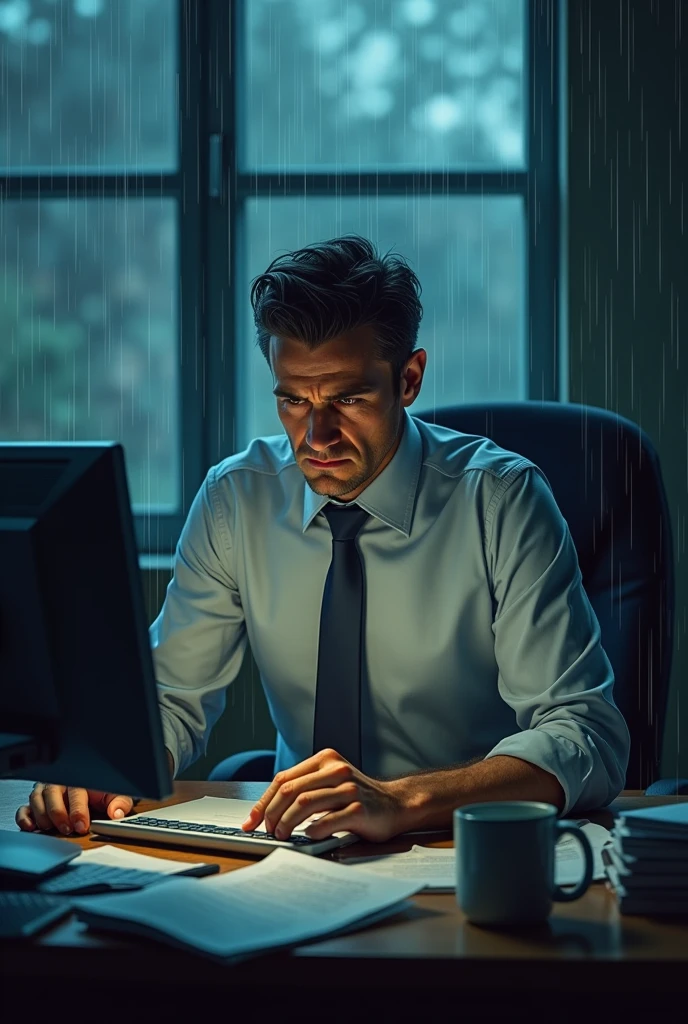 Angry teacher working on his computer in the rain