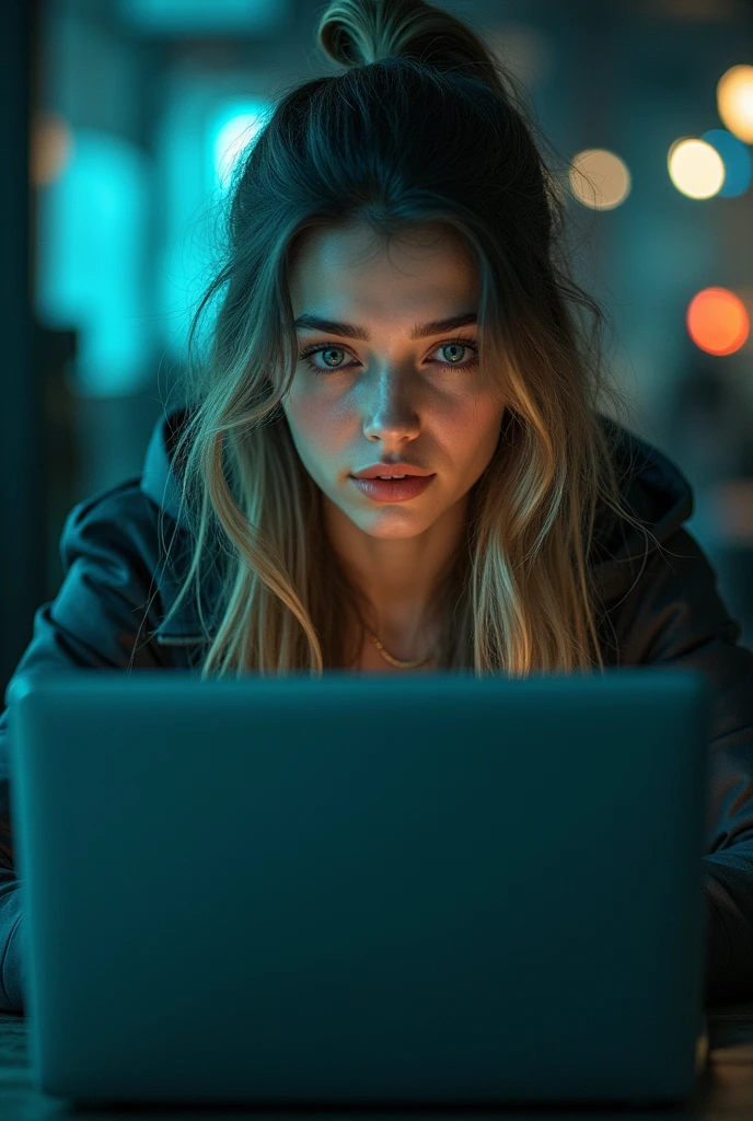 Beautiful hacker girl without sexualization. Has dark blonde hair, pale skin, doesn't wear glasses. Sits in front of opened laptop. Cyberpunk style. The laptop should be visible. The girl should be introverted