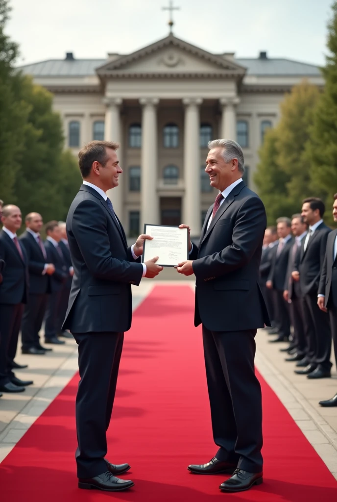 A 2 guy, signing contract Infront of an audience, there is expensive red carpet, the event takes place in front of the company headquarters building on the compound
