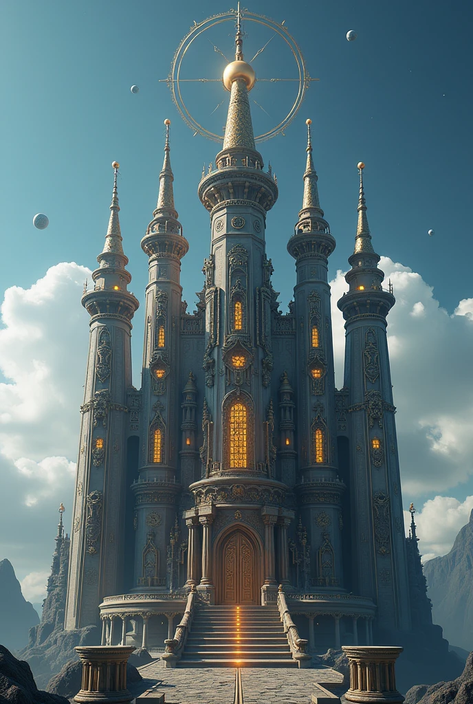 Create a mystical and fantastic castle in 3D .
With symbols and astrological meanings of the planet Mercury With four equal tallest main towers