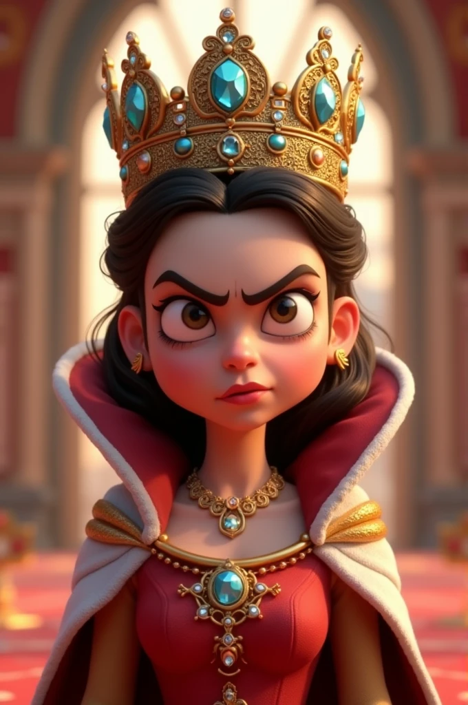queen, must wear crown, Your body must be modest, It should look angry and the image should be animated for children.