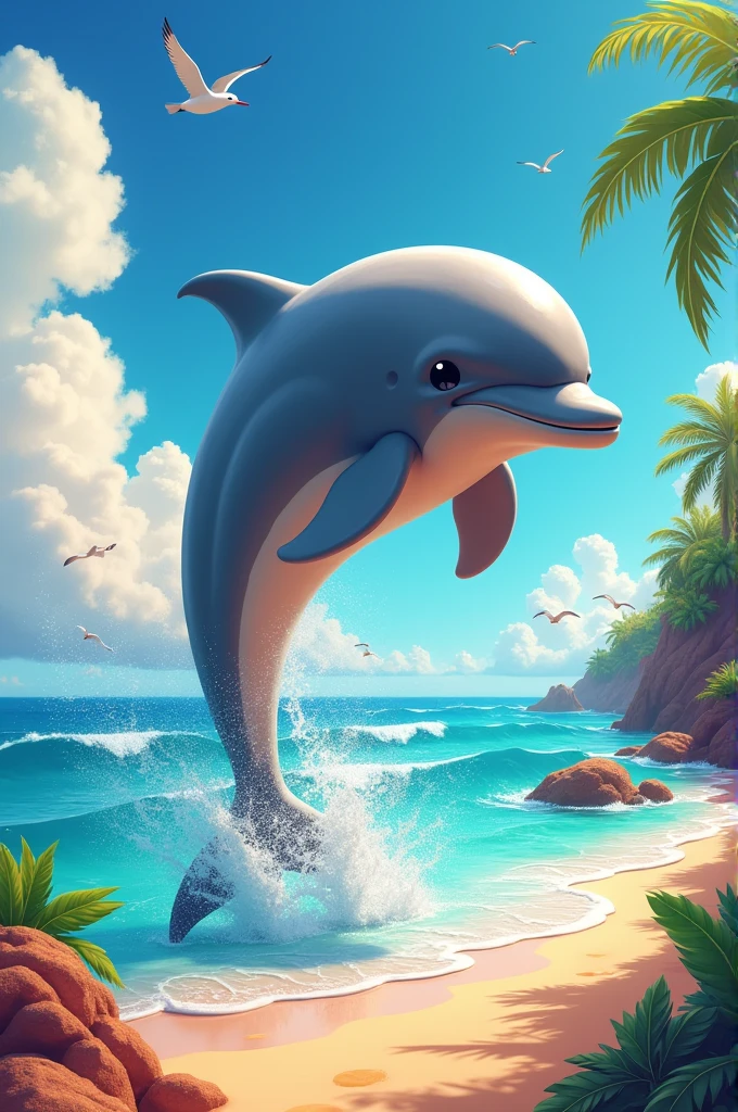 Create a dolphin on a colorful beach