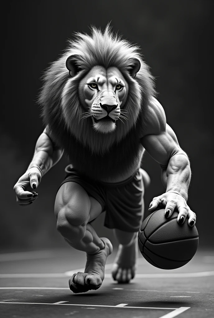 Image of a lion mascot playing basketball in black and white