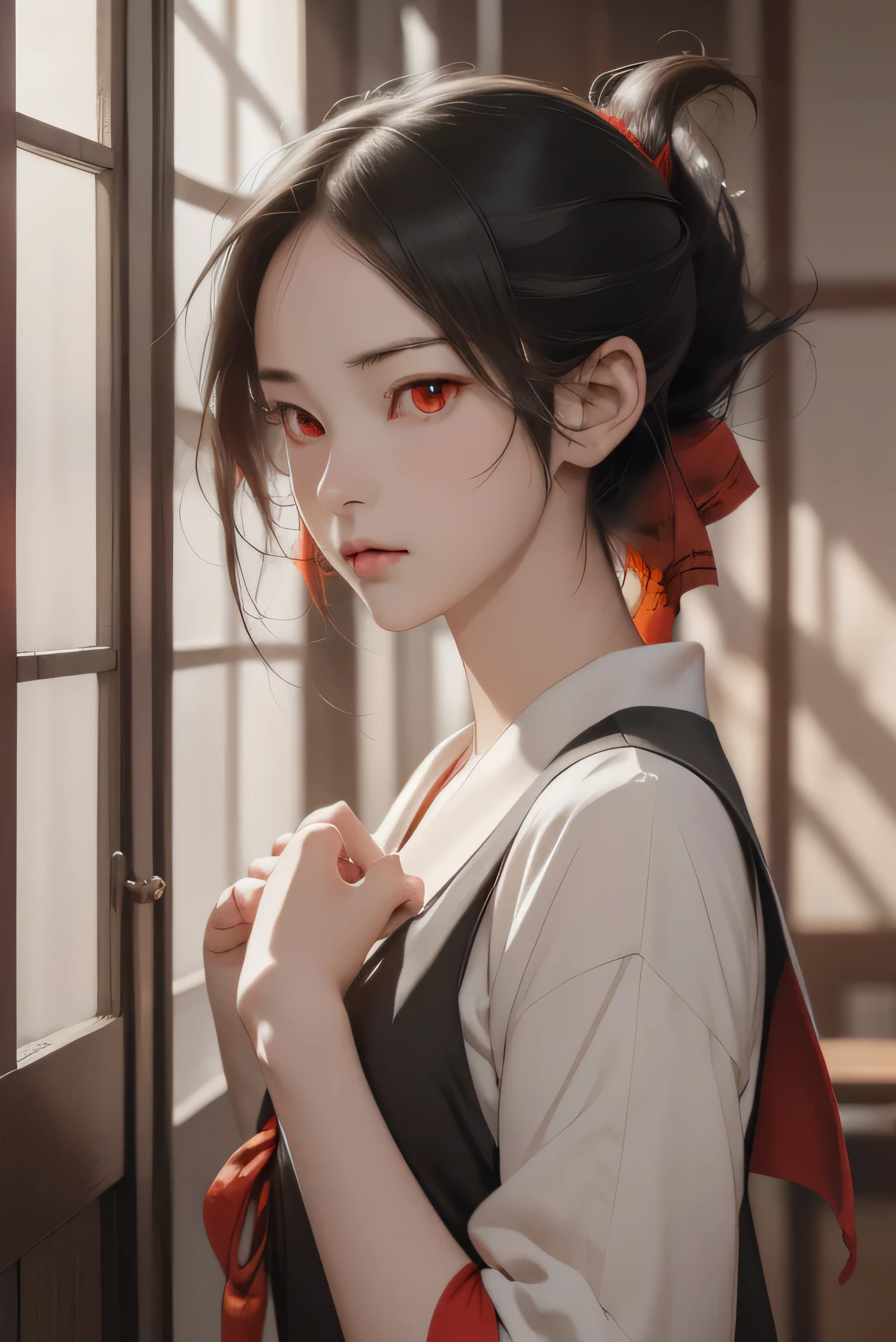 Kaguya-shinomiya, kaguya shinomiya, Folded ponytail, amount, hair ribbon, (Red eyes:1.5), red ribbon, ribbon, short hair, Side Lock,
break black dress, dress, pinafore dress, school uniform, shirt, Short sleeve, shuuchiin academy school uniform, white shirt,
break looking at viewer,
break indoors, classroom,
break (masterpiece:1.2), Highest quality, High resolution, unity 8k wallpaper, (figure:0.8), (Beautiful attention to detail:1.6), Highly detailed face, Perfect lighting, Highly detailed CG, (Perfect hands, Perfect Anatomy),