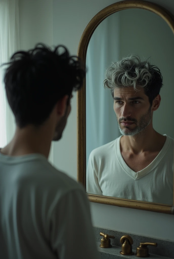 young man hair black looking in the mirror, but in the mirror he appears with white hair