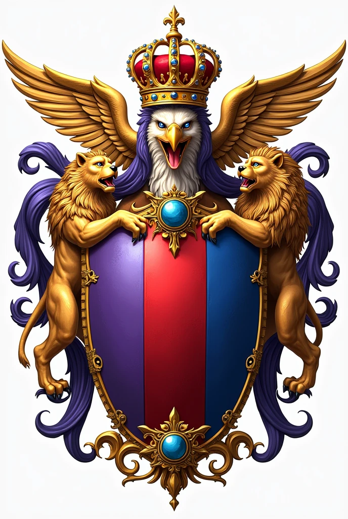 shield: The bottom of the shield would be divided into three parts. Crimson red would continue to be highlighted in the central part., symbolizing strength and power. The sides would be filled with royal purple., a historical color associated with nobility and luxury, and royal blue, representing trust, wisdom and authority. The edges of the shield would remain in gold., highlighting wealth and prestige.
Eagle: The central eagle, in gold, remains with its wings open and powerful. sada, in the center of the eagle's chest, there would be a small shield with royal blue and purple details, to connect the elements and show the union of these real colors. The eagle's talons would hold a golden scepter and an orb adorned with precious stones..
Lion: The Golden Lion, in a rampant position, would be detailed with royal blue eyes and a red tongue, representing vigilance and bravery. Its claws would also have small gemstones in shades of purple., suggesting its connection to royalty.
tails: The golden crown at the top of the coat of arms would become even more majestic, com pedras preciosas em roxo real and royal blue entre os rubis, representing absolute power. This crown would be richly ornamented, demonstrating the supreme authority of the lineage that the coat of arms represents.
decorative elements: Os ornamentos ao redor do escudo agora teriam detalhes em roxo and royal blue, in contrast to the gold. Folhas de louro gildeds envolveriam o escudo, intertwined with royal blue and purple ribbons, symbolizing victory, wisdom and royal lineage.
This coat of arms would have a powerful and sophisticated visual impact., reinforcing the authority and wealth of the family or institution he represents, with the combination of red colors, gilded, roxa and royal blue elevando a sensação de grandeza e realeza.