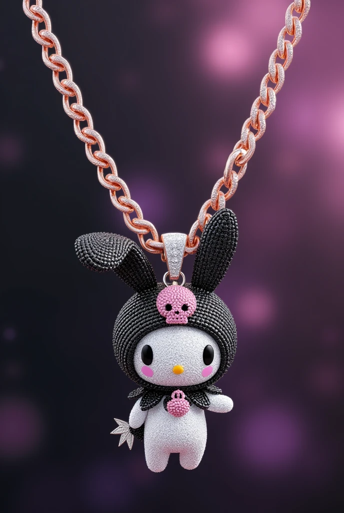 A Cuban-style chain necklace with a pendant featuring Kuromi is a fictional character. She is a naughty and somewhat rebellious bunny from the world of My Melody. Kuromi has a black hood with a pink skull in the center and a clown collar and a black demon tail, three-pointed triangular ears with two little balls on the tip of the female ear, and a white body. . Made of diamonds, diamond scraps facing forward.