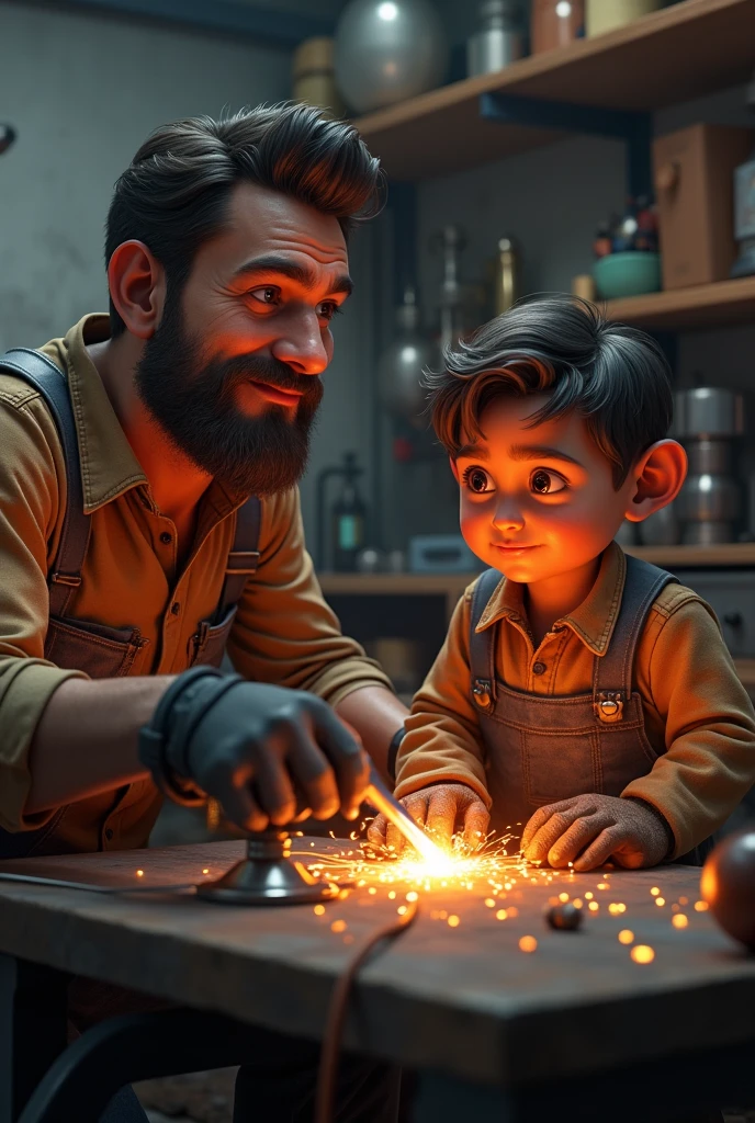 Create a 3D picture of a welder training his son to learn welding