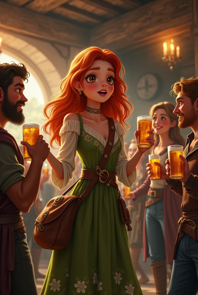 20 year old redhead fairy, eyes browns,wearing a floral medieval dress, with adventurer's bag, in a tavern while playing lute, adventurers all around smiling and drinking all looking medieval