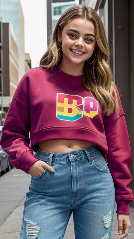 Josephine Langford wearing cropped sweatshirt and colorful ripped jeans and smiling