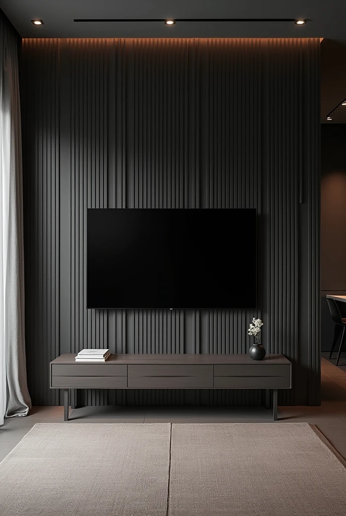 Create a room with dark gray slatted paneling and a black TV