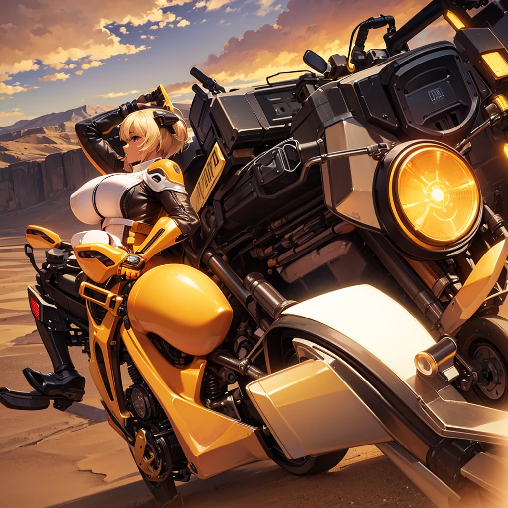 ((Best Quality)), Gigantic Boobs, Rider suit with zippered material is insulating, Beautiful valleys, Brown skin, ((Motorcycle with machine gun)), desert, Shooting, Yellow Shorthair, ((1girl))